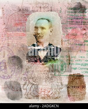 Human identification. Representation of a historical passport showing a collage of a portrait, with passport fingerprints, text, images and official s Stock Photo