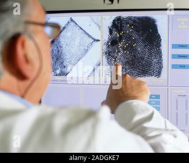 Fingerprint analysis. Forensic scientist pointing at fingerprints being compared by characteristic features (square yellow markers). Fingerprints are Stock Photo
