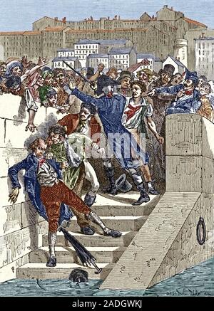 Mob attacking Jacquard in Lyon, France. The French weaver Joseph Marie Jacquard (1752-1834, lower left) invented an improved mechanical loom in 1804. Stock Photo