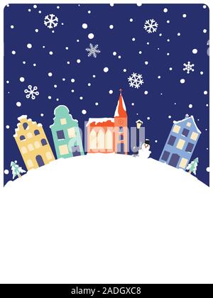 Vector Illustration of townhouses and church on snow covered hill , copy space below. Winter holidays vector illustration Stock Vector