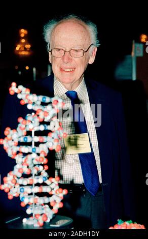 James Dewey Watson (born 1928), American biochemist, with a model of the DNA helix. Watson is the co-discoverer of the structure of deoxyribonucleic a Stock Photo