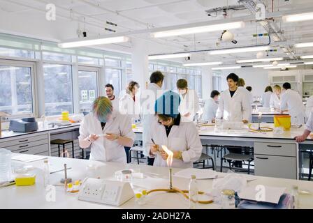 Biology lesson. Students in a biology laboratory preparing microbial cultures. They are using bunsen burners to sterilise wire loops and use them to a Stock Photo
