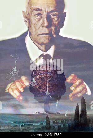 Alzheimer's disease. Conceptual computer artwork of an elderly man with Alzheimer's disease. The condition causes the death of brain cells (seen from Stock Photo