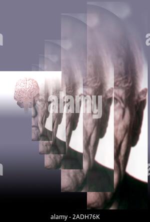 Alzheimer's disease. Conceptual computer artwork of an elderly man with Alzheimer's disease. The fragmentation of the image represents the memory loss Stock Photo