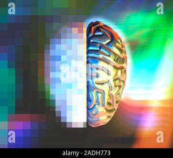 Alzheimer's disease. Conceptual computer artwork of a half-pixellated brain, representing the brain degeneration of Alzheimer's disease. The front of Stock Photo