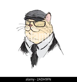 Fashion cat with glasses,hat and suit,isolated on white background,hand drawn vector illustration Stock Vector