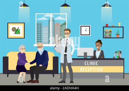 Clinic reception,old caucasian couple, doctor and lady on reception, cartoon vector illustration Stock Vector