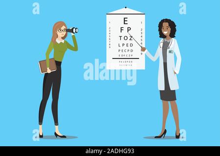 Doctor oculist checks vision, the patient with glasses looks through binoculars,cartoon vector illustration Stock Vector