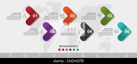 Vector infographic template. Six arrows with icons. Business concept for diagrams, flowchart, timeline, marketing, presentation Stock Vector
