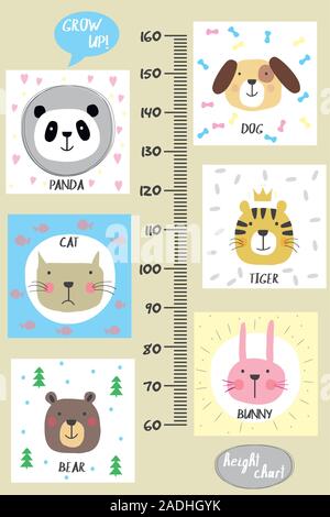 Kids height chart.Cute and funny animals, vector illustration Stock Vector