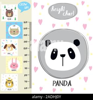 Kids height chart.Cute panda and funny animals, vector illustration Stock Vector
