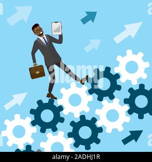 African american businessman run on the gears to success, cartoon vector illustration Stock Vector