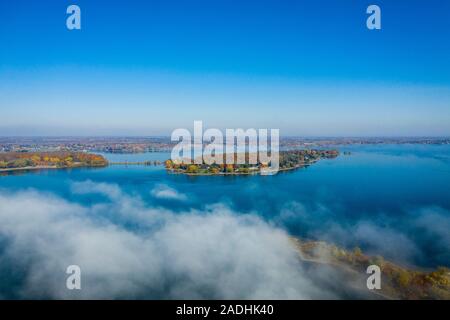 Autumn, aerial view, on a foggy morning over St.Lawrence Park in the thousand islands, Canada Stock Photo