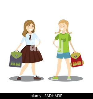 Smiling schoolgirls with backpacks,isolated on white background,cartoon vector illustration Stock Vector