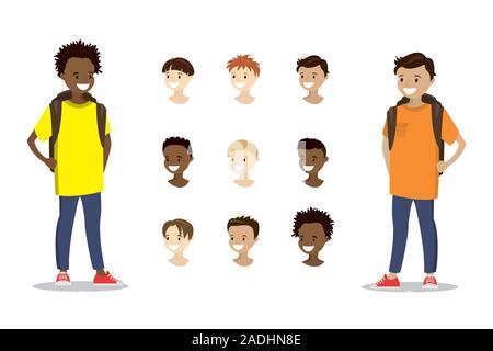 Teenage boys and template multicultural heads,isolated on white background,cartoon vector illustration Stock Vector