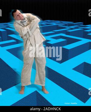 Mental illness. Conceptual computer artwork of a man on top of a maze struggling in a straitjacket. Stock Photo