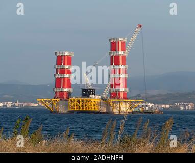 The Canakkale 1915 Bridge (Turkish:Çanakkale 1915 Köprüsü), aka Çanakkale Strait Bridge (Çanakkale Boğaz Köprüsü), is being built over the Dardanelles Stock Photo