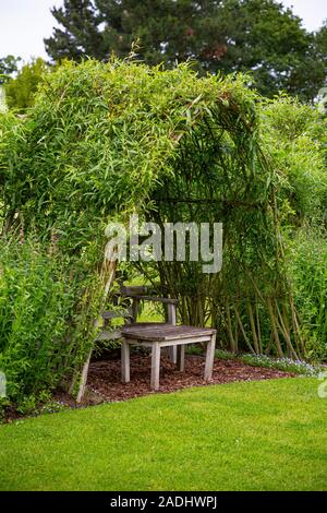 Herbaceous borders and seating area beneath a living Willow structure Stock Photo