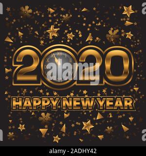 Happy new year 2020 abstract background with gold clock on black isolated background. Vector image Stock Vector