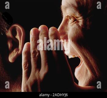 Hearing loss. Man shouting at a man's ear. The listening man may be deaf or hard of hearing. The hearing loss could be treated with the use of a heari Stock Photo