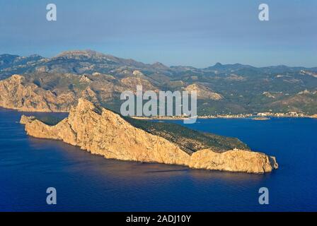 Aerial view of Sa Dragonera, small island and nature reserve close San Telmo, Mallorca, Balearic islands, Spain Stock Photo