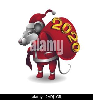 Animal mouse character in Santa Claus costume with bag of toys on white isolated background. Vector image Stock Vector