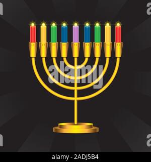 Golden menorah candlestick with burning multicolored candles on isolated black background. Vector image Stock Vector