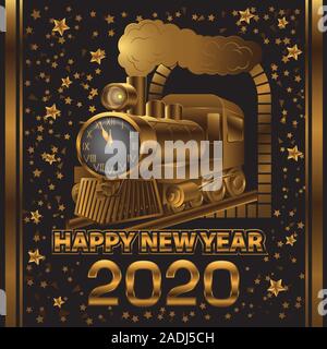 Happy new year 2020 steam locomotive tunnel Golden clock on isolated black background. Vector image Stock Vector