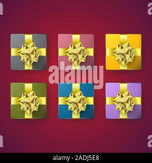 Set of multi-colored gift boxes with a gold bow on the insulated layer. Vector image. Stock Vector