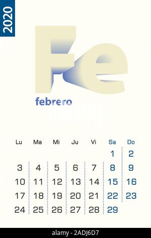 Minimalist calendar template for February 2020, vector calendar in Spanish language. Vector calendar for 2020. Stock Vector