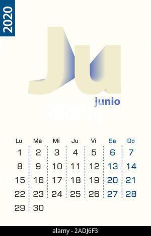 Minimalist calendar template for June 2020, vector calendar in Spanish language. Vector calendar for 2020. Stock Vector