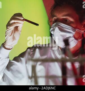 Blood sample. Technician examining a blood sample in a test tube. She is wearing a protective laboratory coat, a face mask and gloves. Stock Photo