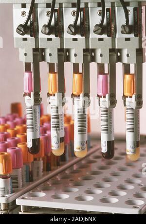 Blood sample processing. Automated processing of blood samples for clinical analysis. The machine identifies individual samples from a bar code and ca Stock Photo