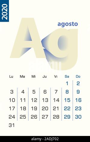 Minimalist calendar template for August 2020, vector calendar in Spanish language. Vector calendar for 2020. Stock Vector