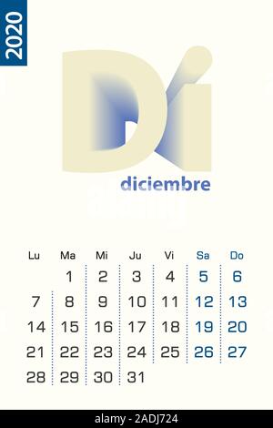 Minimalist calendar template for December 2020, vector calendar in Spanish language. Vector calendar for 2020. Stock Vector