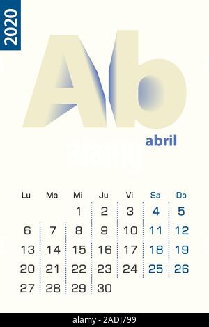 Minimalist calendar template for April 2020, vector calendar in Spanish language. Vector calendar for 2020. Stock Vector