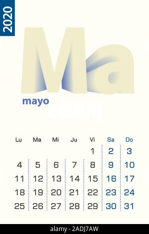Minimalist calendar template for May 2020, vector calendar in Spanish language. Vector calendar for 2020. Stock Vector