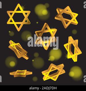 Golden six-pointed Jewish star of David 3D on isolated black background. Vector image. Design element. Stock Vector