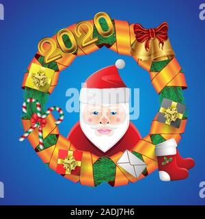 Christmas wreath 2020 with Santa Claus character on isolated background. Vector image. Stock Vector