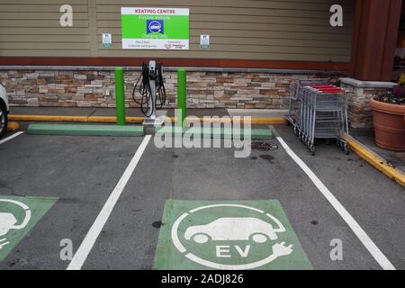 two electric vehicle parking spots with EV painted on the pavement and a charging station and instructions.  Shopping carts beside the spot. Stock Photo