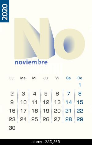 Minimalist calendar template for November 2020, vector calendar in Spanish language. Vector calendar for 2020. Stock Vector