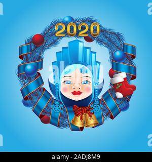 Christmas wreath 2020 blue pine with ribbon and snow Queen on isolated background. Vector image. Stock Vector