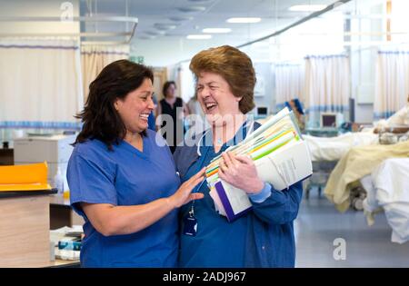 MODEL RELEASED. Nurses laughing together on a hospital ward. Photographed in the UK. Stock Photo