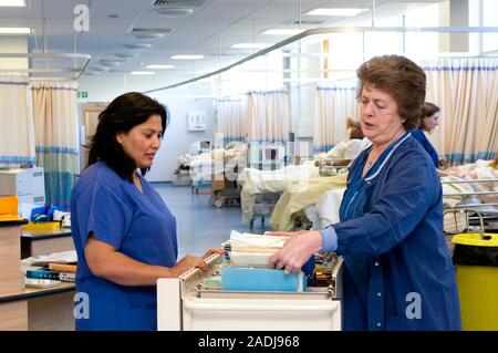 MODEL RELEASED. Nurses checking patient records on a hospital ward. Photographed in the UK. Stock Photo