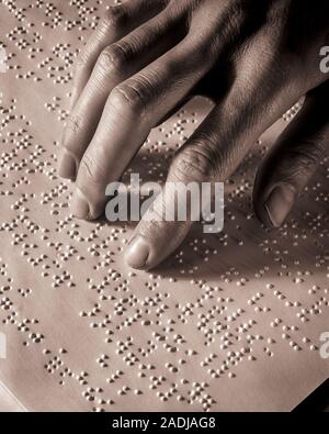 1950s 1960s FEMALE HAND READING BRAILLE - s12679 HAR001 HARS CHALLENGE KNOWLEDGE PROGRESS RECREATION INNOVATION PRIDE OPPORTUNITY EMPLOYMENT CONCEPT CONCEPTUAL LITERACY ESCAPE BLINDNESS SYMBOLIC 1829 CHALLENGED CONCEPTS GROWTH IMPAIRED PRECISION TACTILE BLACK AND WHITE CAUCASIAN ETHNICITY HANDS ONLY HAR001 OLD FASHIONED REPRESENTATION Stock Photo