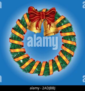 Christmas wreath of pine with bells and ribbon bow on isolated background. Vector image. Stock Vector