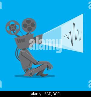 Vintage movie projector works on isolated blue background. Vector image Stock Vector