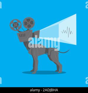 Vintage movie projector works on isolated blue background. Vector image Stock Vector