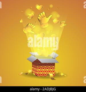Gift box with thumb up and heart confetti gold on bright isolated background. Vector image. Stock Vector
