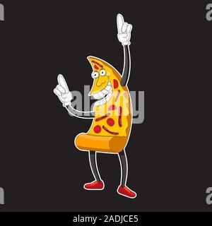 Pizza points finger up. Logo comic style with contour. Decoration for greeting cards, posters, prints for clothes, emblems. Modern flat style thin Stock Vector